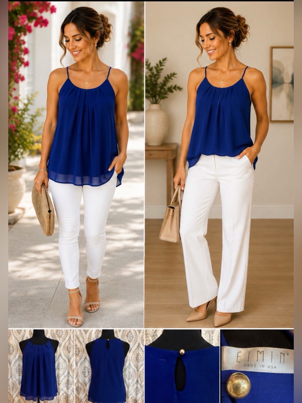 EIMIN Made in USA Royal Blue Pleated Sleeveless Top Size Small